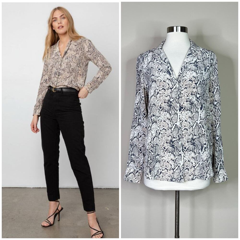 Rails | Silk Rebel Snake Print Tab Black Button Down Designer Blouse Top M